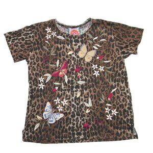 NWT Johnny Was Penelope Relaxed Crew Neck Tee in Leopard Embroidered Top M